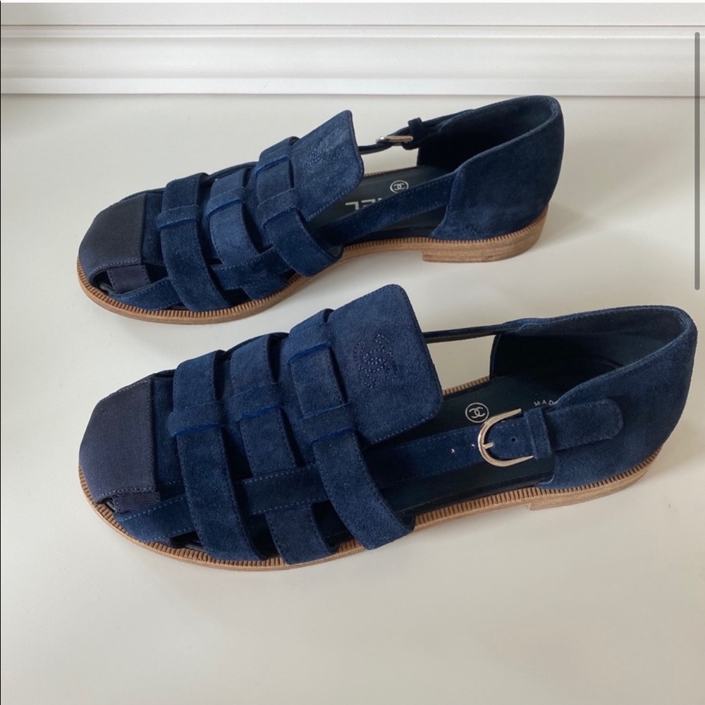 CHANEL Designer Navy Suede Woven Sandals